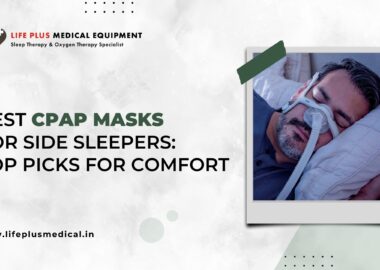 Best CPAP Masks for Side Sleepers: Top Picks for Comfort. Man sleeping on his side wearing a CPAP mask, promoting Life Plus Medical Equipment