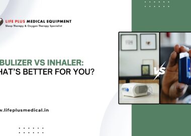 Comparison graphic showing a nebulizer on the left and an inhaler on the right, with the title “Nebulizer vs Inhaler: What’s Better for You?” – presented by LifePlus Medical Equipment.