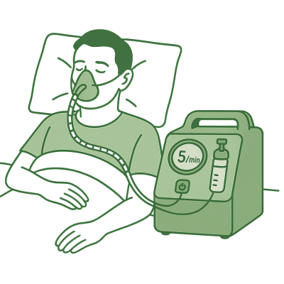 Illustration of a man sleeping in bed with a nasal oxygen mask connected to a concentrator.