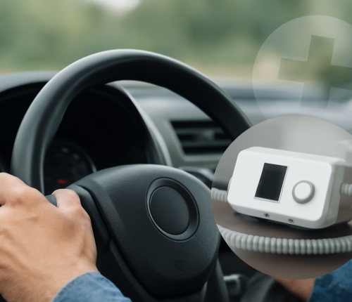 Close-up of a person’s hands gripping a car steering wheel, with an inset showing a CPAP machine, symbolizing the connection between safe driving and sleep apnea treatment